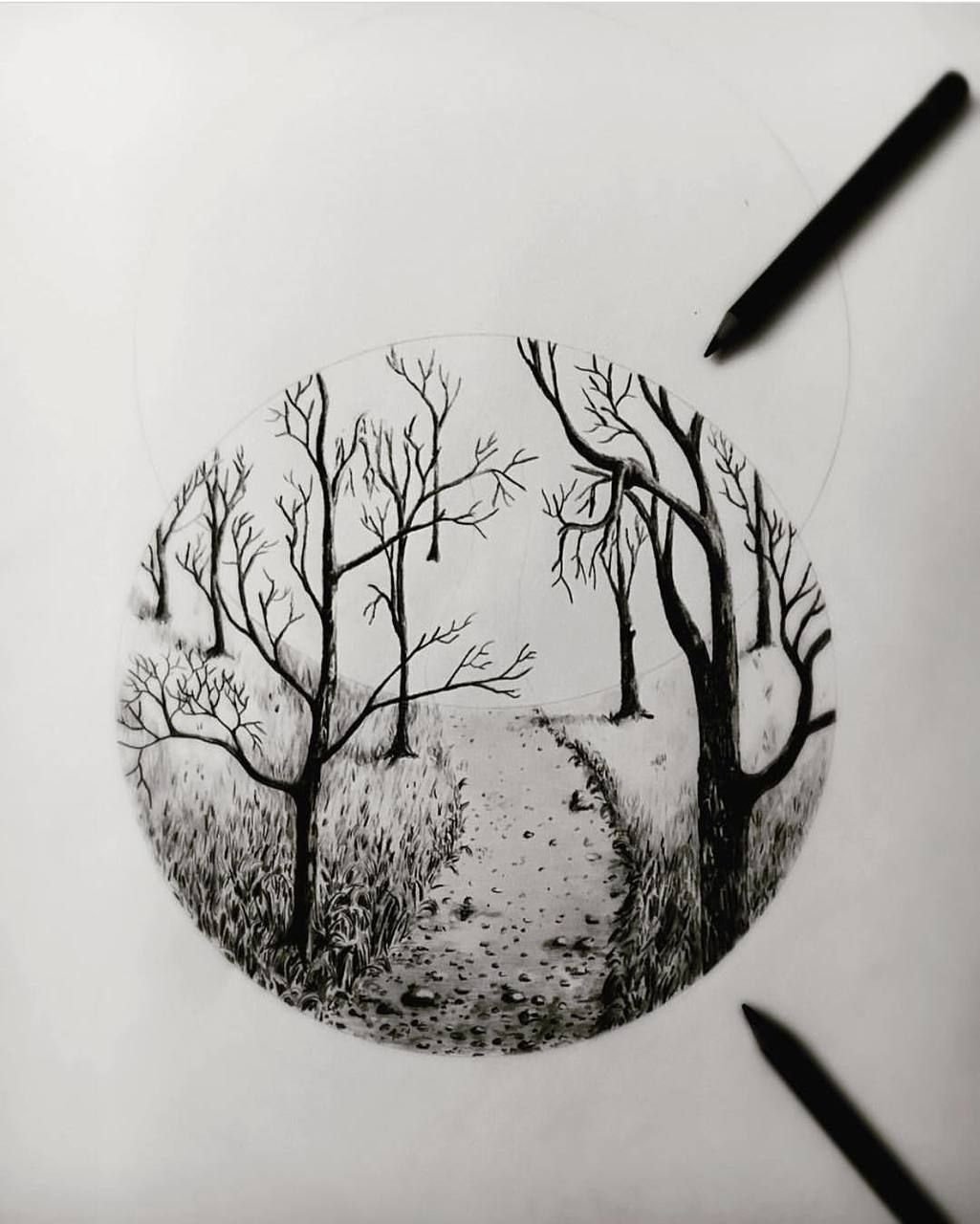 Пейзаж в круге карандашом