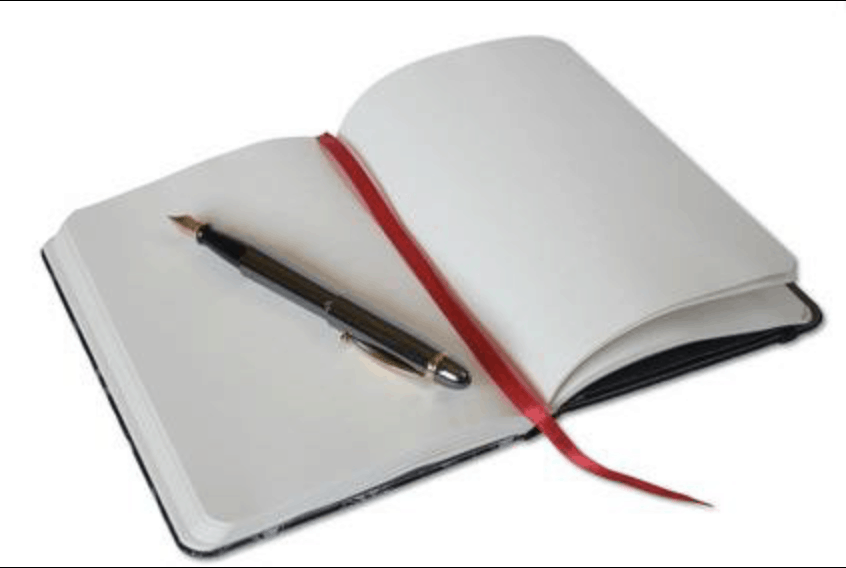 Тетрадь долгов. Блокнот с ручкой. Раскрытая тетрадь с ручкой. Открытый блокнот и ручка на прозрачном фоне. Книга с ручкой.