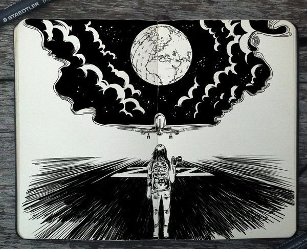 Рисунок чёрной гелевой ручкой космос