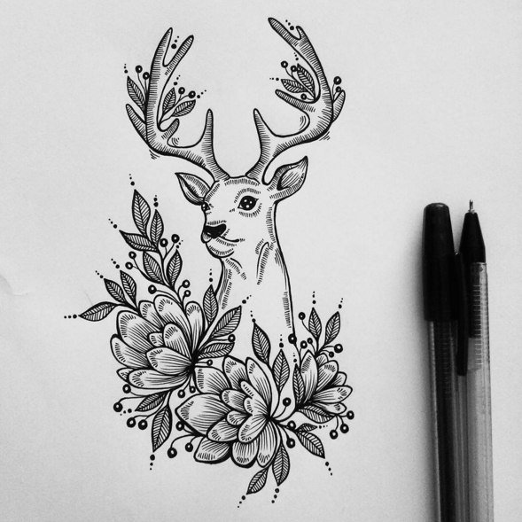 Тату олень с цветами