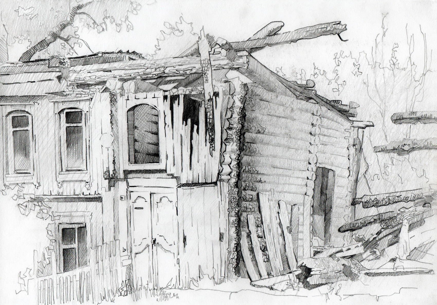 Разрушенный дом карандашом