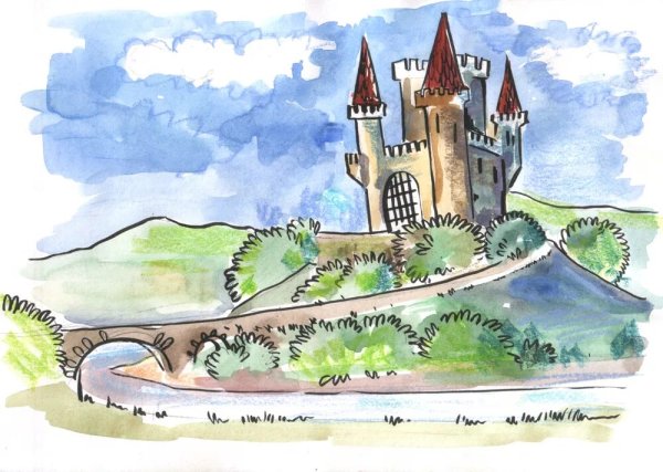 Замок цветными карандашами