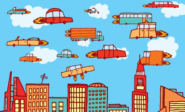 Летающие машины в городе рисунок
