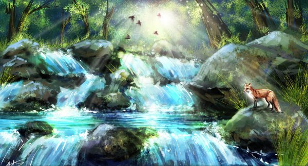 Водопад в сказочном лесу