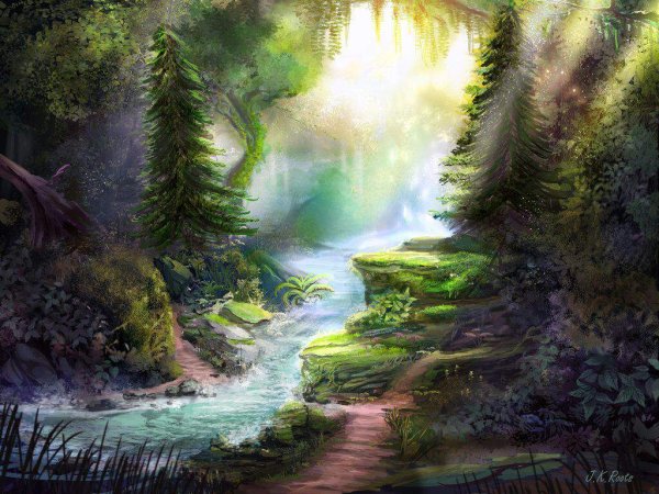 Сказочный лес с речкой