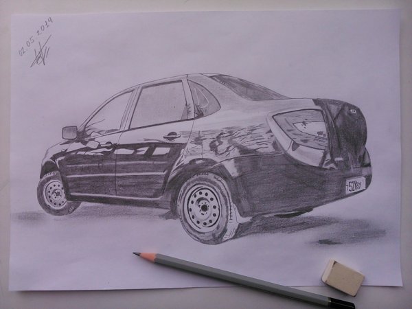 Лада Гранта рисунок карандашом спереди