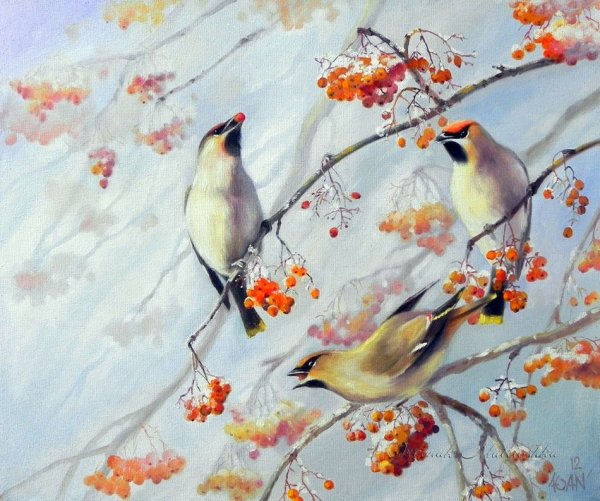 Свиристель и Снегири живопись