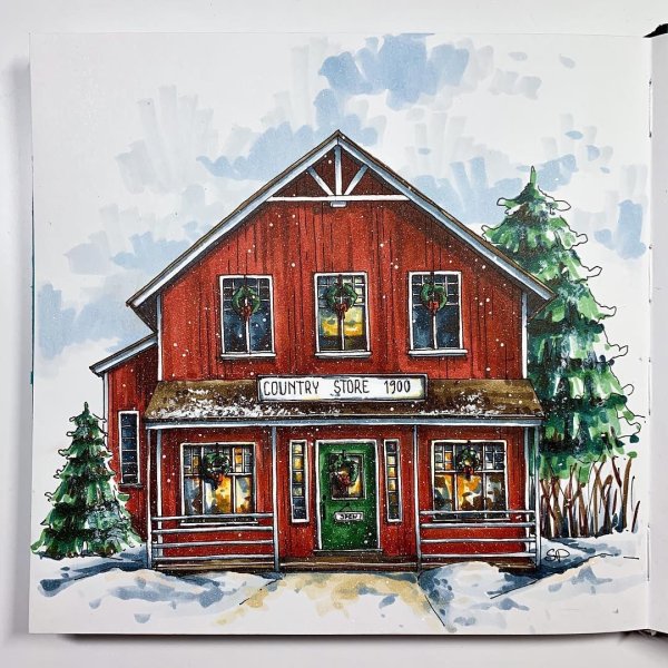 Скетчинг новогодний домик