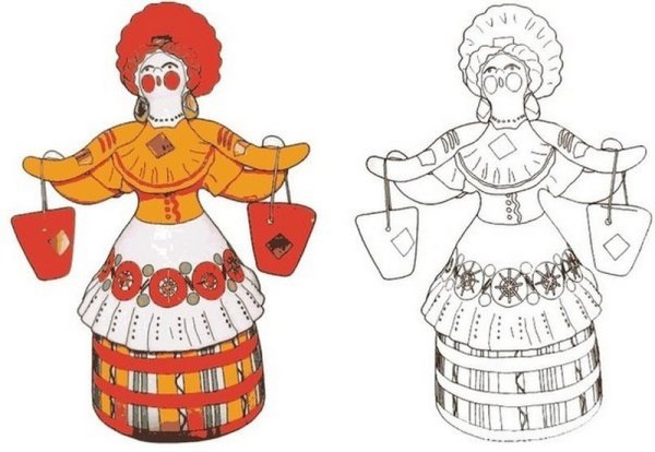 Элементы дымковской росписи барышни