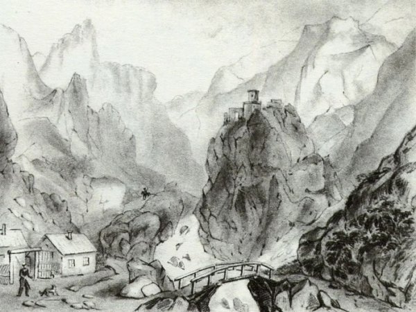 Дарьяльское ущелье с замком царицы Тамары. Карандаш. 1837