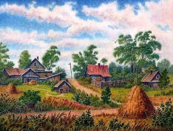 Сельский пейзаж цветными карандашами