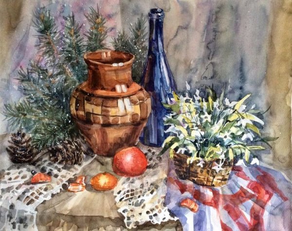 Новогодний натюрморт гуашью