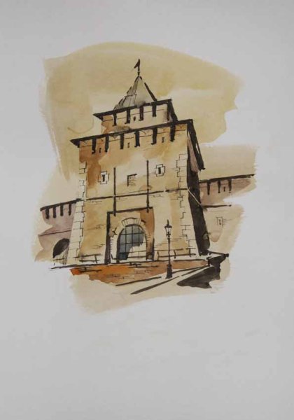 Дмитриевская башня Нижегородского Кремля акварель