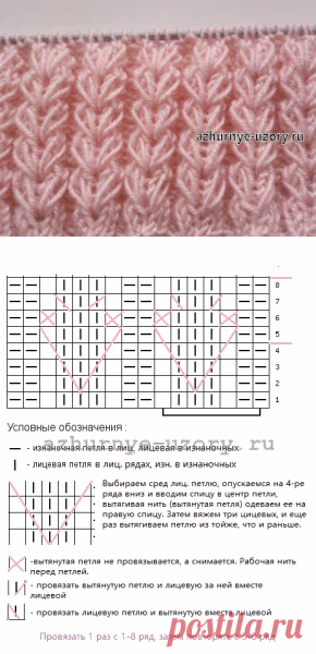 Узор колоски из вытянутых петель спицами