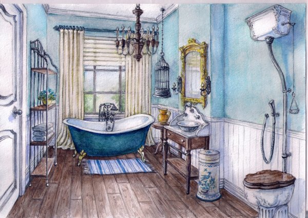 Ванна интерьер акварель