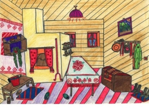 Рисование интерьера русской избы