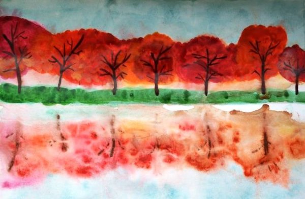 Монотипия пейзаж у озера