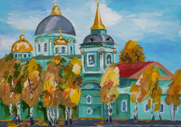 Зимний храм гуашью