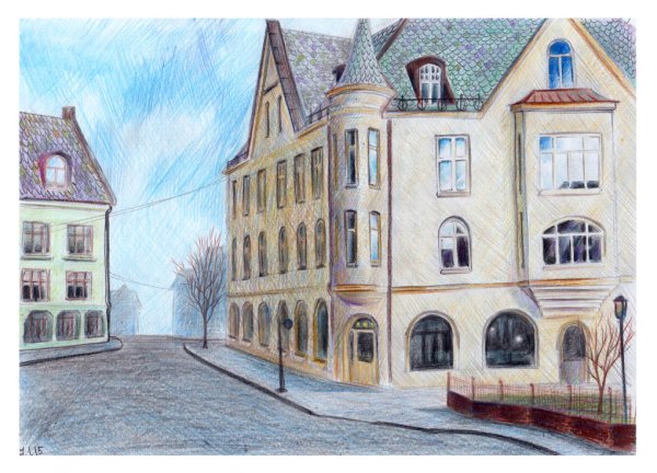 Городской пейзаж цветными карандашами