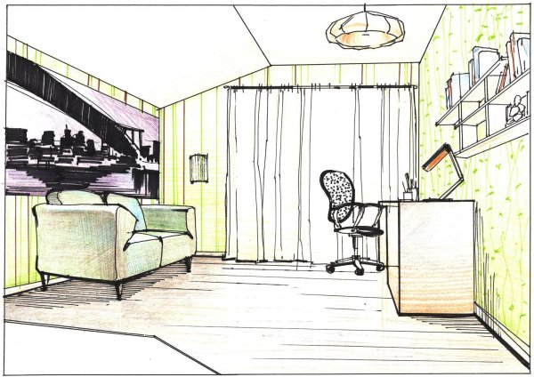 Интерьер комнаты карандашом