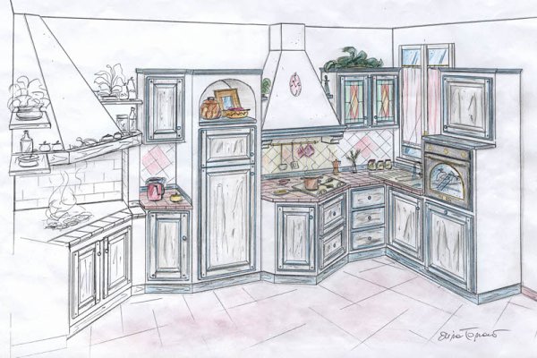 Эскиз интерьера кухни