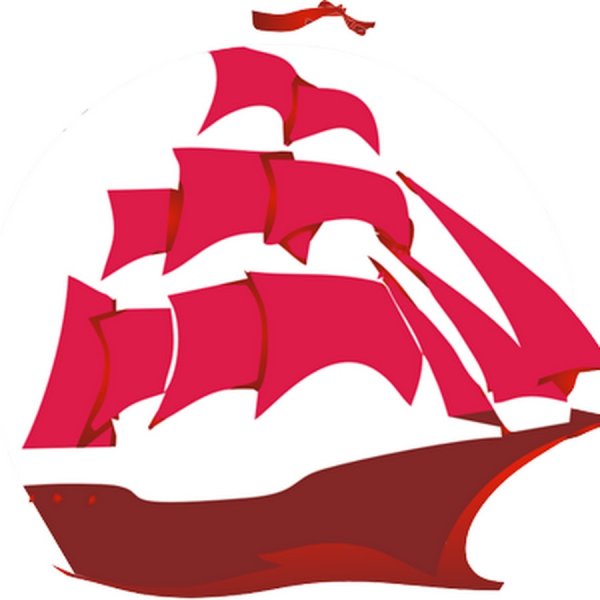 Корабль с алыми парусами на белом фоне