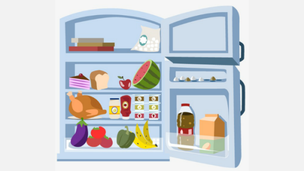 Холодильник с продуктами на белом фоне