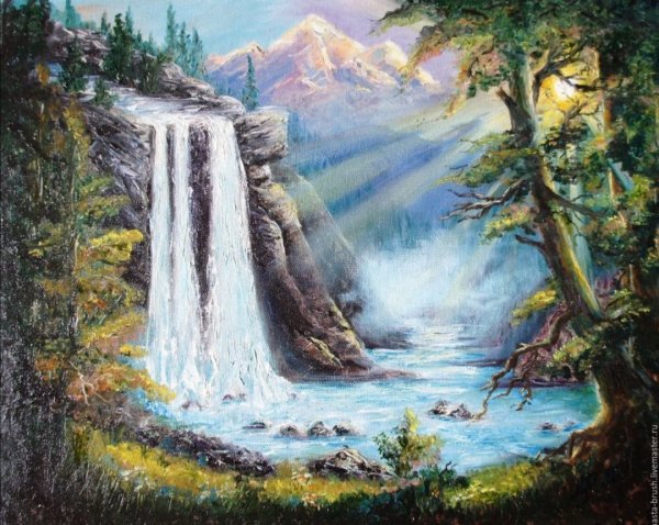 Водопад живопись горы гуашью