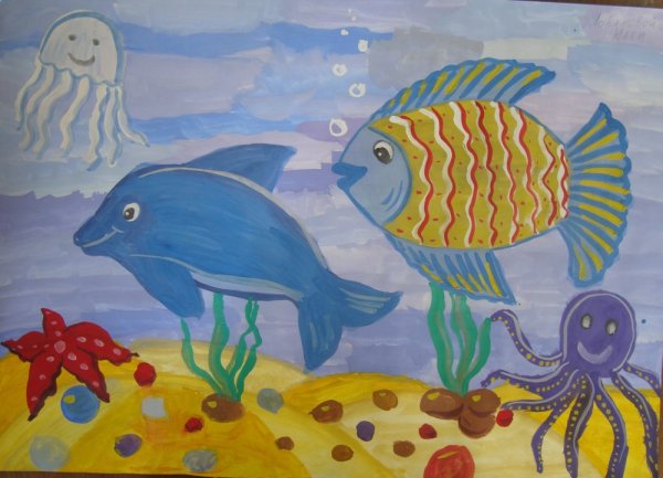 «Подводное царство» (граттаж + восковые мелки)
