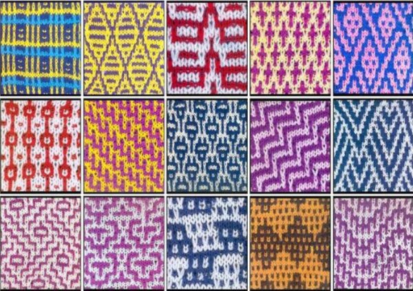 Трехцветный узор спицами ленивый жаккард