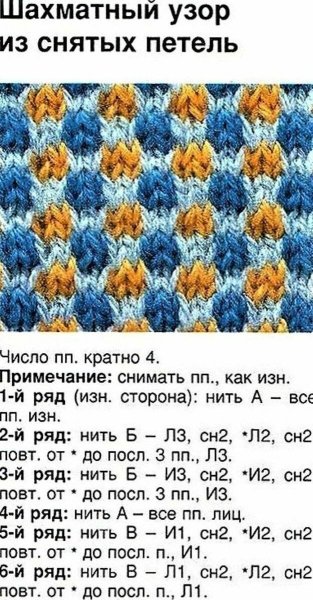 Двухцветный узор шахматка спицами