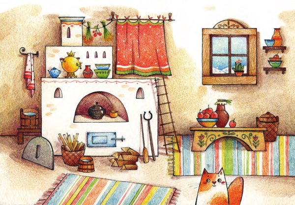 Русская изба внутри рисунок с печкой