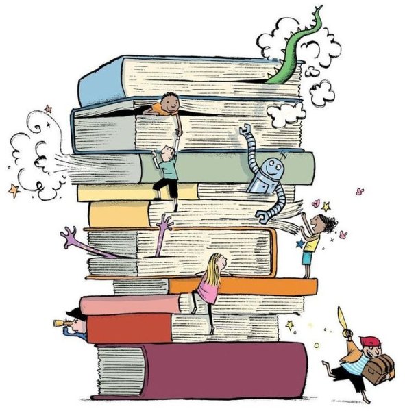 Иллюстрации с книгами в библиотеке