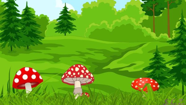 Поляна с мухоморами мультяшная