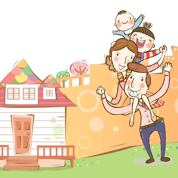 Мультяшная счастливая семья и дом