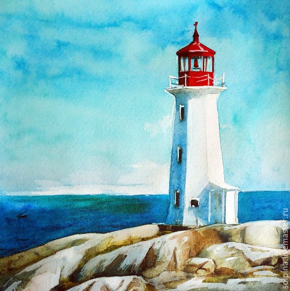 Акварель море Маяк