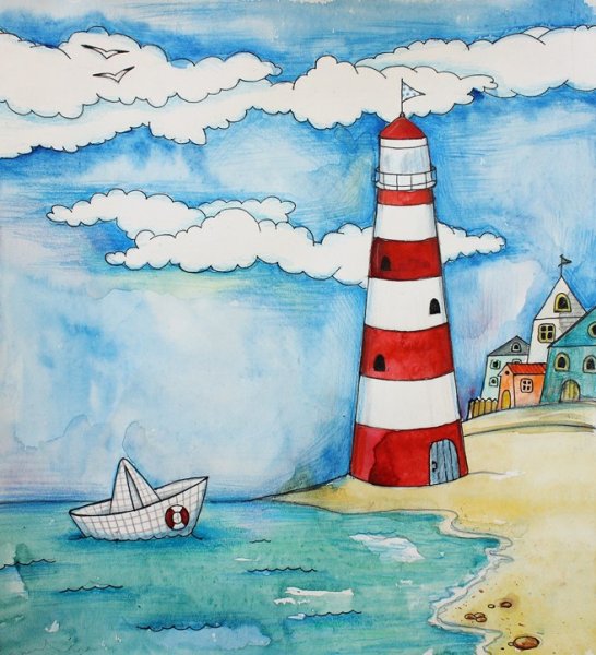 Маяк цветными карандашами