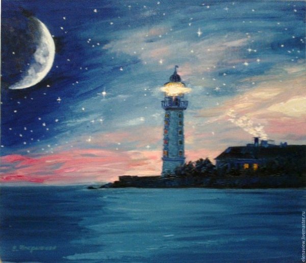 Маяк ночь акварель