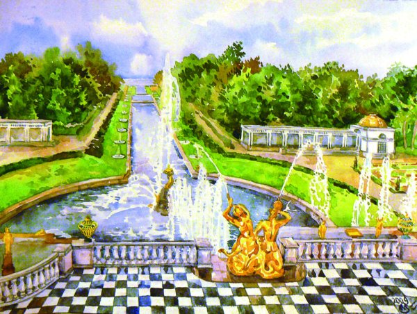 Петергоф фонтаны акварель