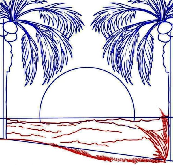 Пейзаж пляжа и моря рисунок карандашом