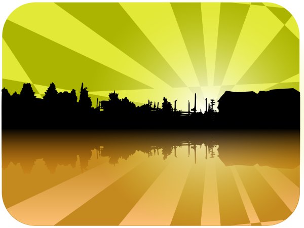 Силуэт города на фоне солнца