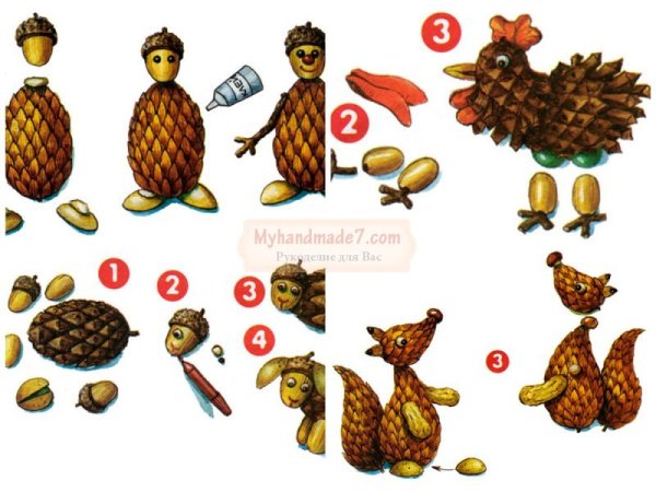 Фигурки из шишек и желудей