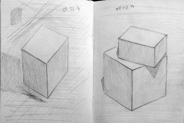 Объемные куб карандашом набросок