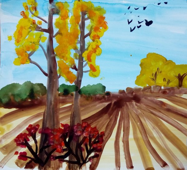 Осенний пейзаж с журавлями