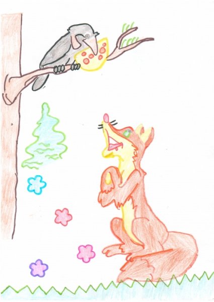 Ворона и лисица рисунок карандашом