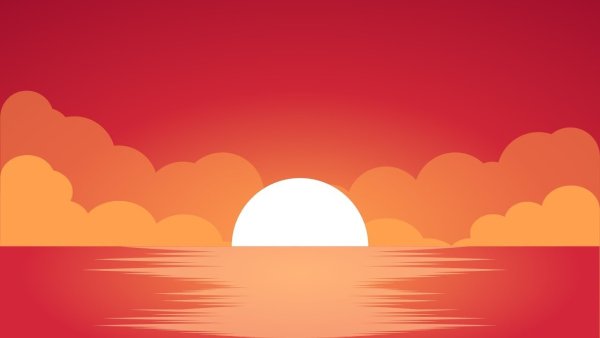 Закат над водой акварелью