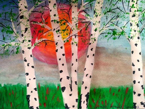Рисование Березовая роща с детьми