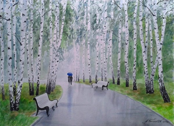 Пейзаж с березами гуашью