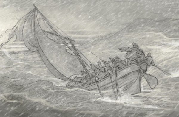 Шторм на море карандашом