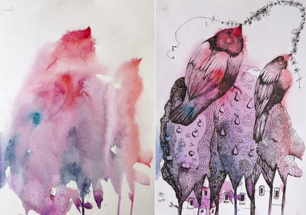 Акварель с гелевой ручкой